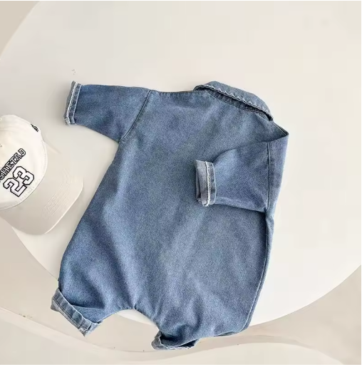 Baby Denim Romper with Bear Embroidery, Unisex 0-2Y