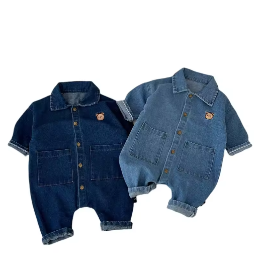 Baby Denim Romper with Bear Embroidery, Unisex 0-2Y