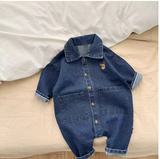 Baby Denim Romper with Bear Embroidery, Unisex 0-2Y