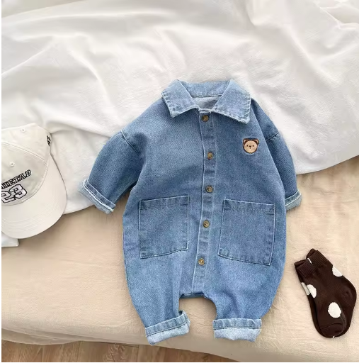 Baby Denim Romper with Bear Embroidery, Unisex 0-2Y