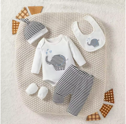 Baby Boy Elephant Streetwear 4-Piece Set with Hat & Bib