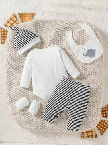 Baby Boy Elephant Streetwear 4-Piece Set with Hat & Bib