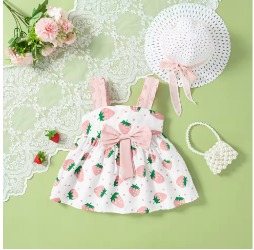 Baby Girl Strawberry Cotton Sundress with Hat