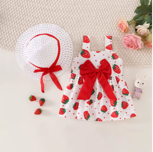 Baby Girl Cotton Strawberry Bow Sundress with Hat
