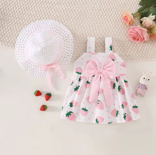 Baby Girl Cotton Strawberry Bow Sundress with Hat