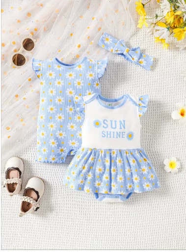 3PCS Baby Girl Cotton Onesie Set with Butterfly Bow