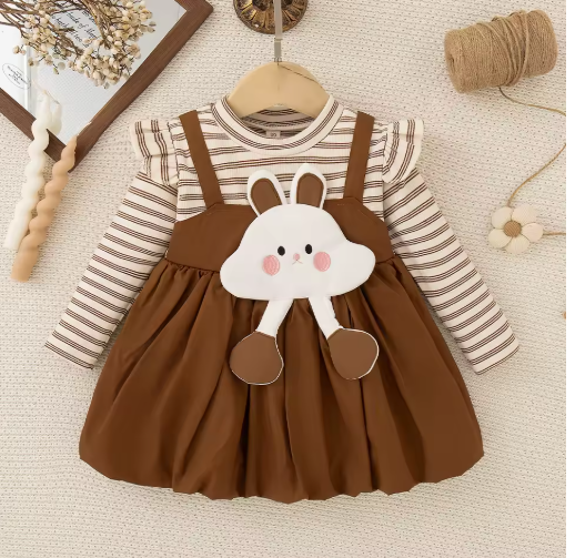 Autumn Winter Baby Girl Dress - Striped Faux-Layer (6-24M)