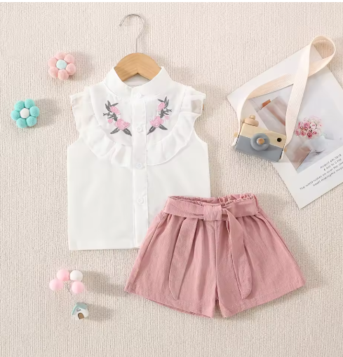 Baby Girl Flower Embroidery Cotton Top & Shorts Set