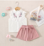 Baby Girl Flower Embroidery Cotton Top & Shorts Set