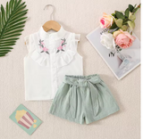 Baby Girl Flower Embroidery Cotton Top & Shorts Set