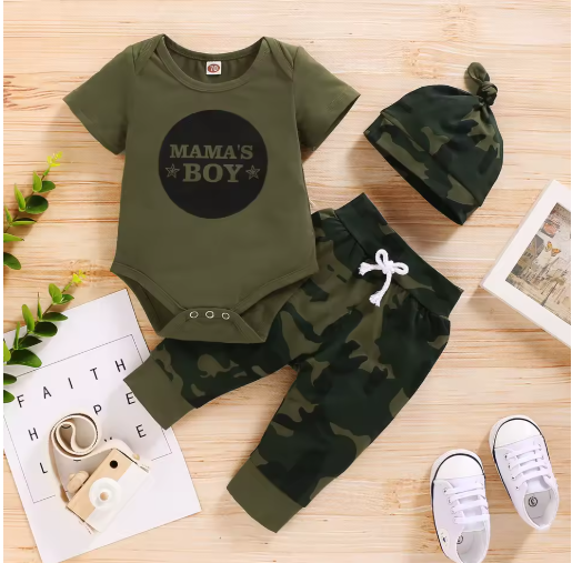 Baby Boy 3PC Summer Set — Bodysuit, Camo Pants & Hat