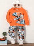 Boys’ Dinosaur Print Outfit – Orange Long Sleeve Top + Full Print Pants – Soft Spring & Autumn Set for Outdoor & Everyday Wear