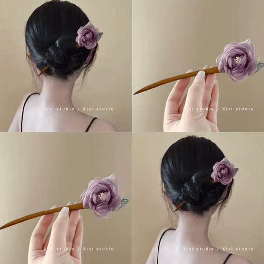 Chinese Style Elegant Wood Hair Stick – Purple Rose Flower Hairpin for Women & Girls