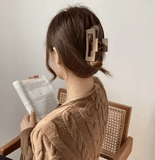 Elegant Brown & Beige Flower Hair Claw – Geometric Toothed Hair Clip for Women