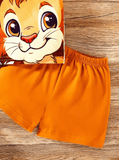Infant Summer Outfit – Hooded Cartoon Animal Printed Short Sleeve Top + Solid Color Shorts Set for Boys & Girls (1-Year-Old)