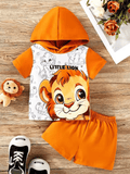 Infant Summer Outfit – Hooded Cartoon Animal Printed Short Sleeve Top + Solid Color Shorts Set for Boys & Girls (1-Year-Old)