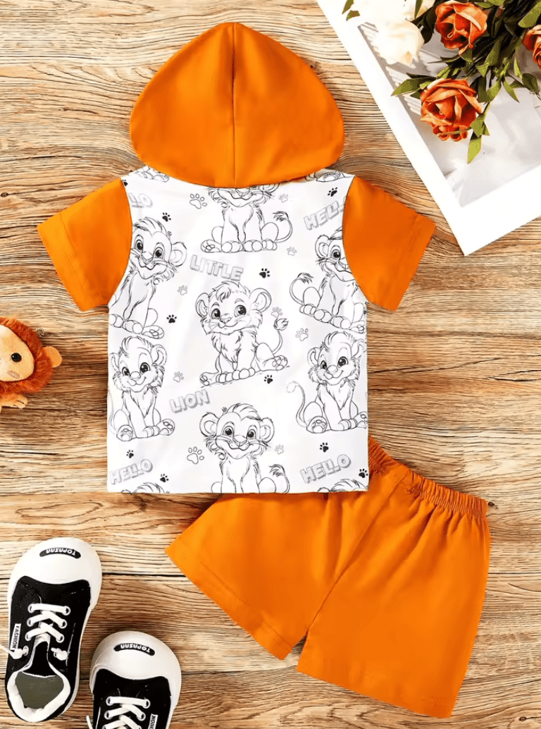 Infant Summer Outfit – Hooded Cartoon Animal Printed Short Sleeve Top + Solid Color Shorts Set for Boys & Girls (1-Year-Old)