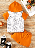 Infant Summer Outfit – Hooded Cartoon Animal Printed Short Sleeve Top + Solid Color Shorts Set for Boys & Girls (1-Year-Old)