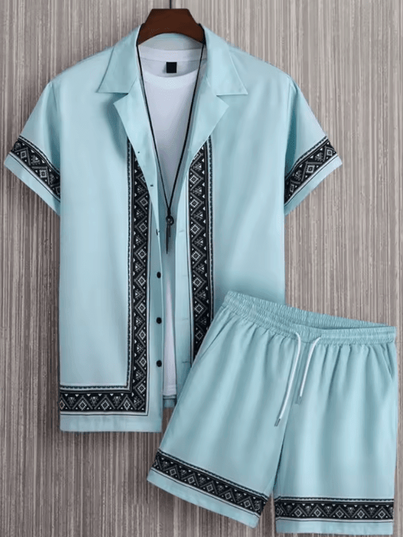 Men’s 2-Piece Summer Outfit – Short-Sleeved Shirt and Beach Shorts Set – Casual Streetwear Y2K Style Suit for Vacation, Beach, or Everyday Fashion