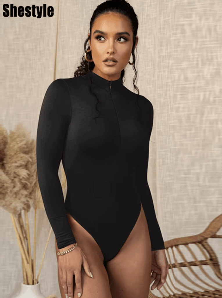 Solid Zipper Bodycon Bodysuit – Sexy Mock Neck Long Sleeve for Women