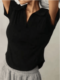 Summer Short Sleeve Lapel Top – Women’s Retro V-Neck Crop Tee | Slim & Versatile