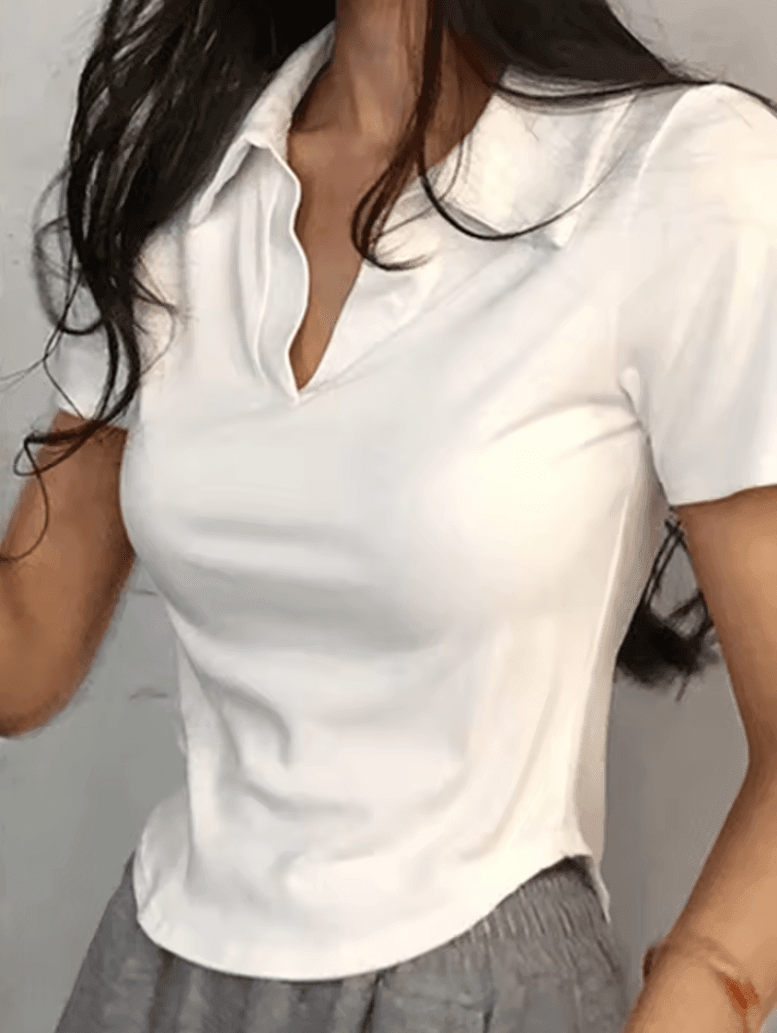Summer Short Sleeve Lapel Top – Women’s Retro V-Neck Crop Tee | Slim & Versatile