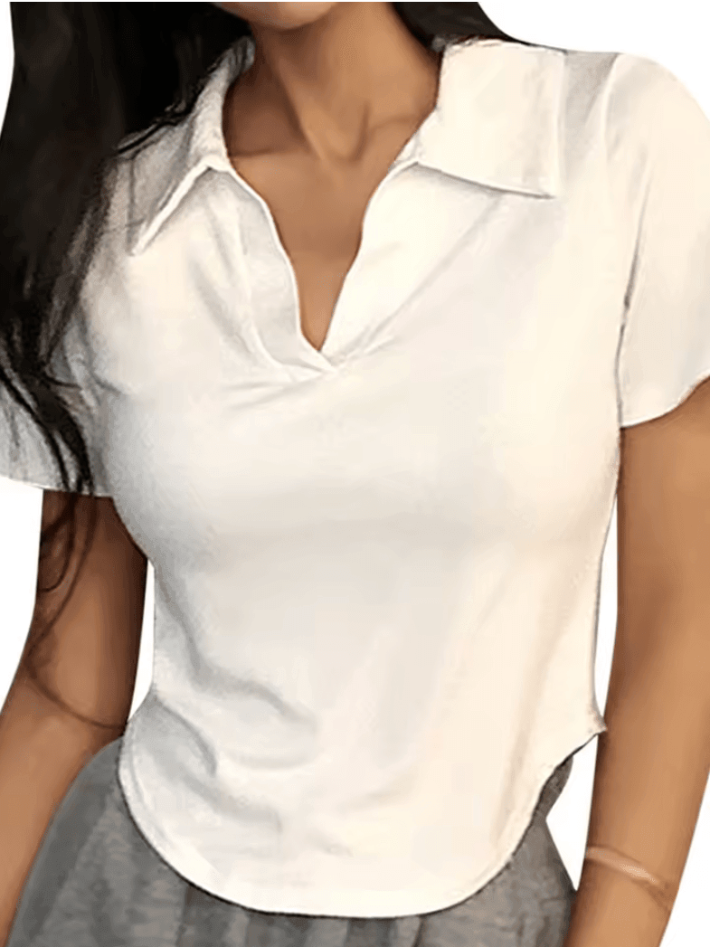 Summer Short Sleeve Lapel Top – Women’s Retro V-Neck Crop Tee | Slim & Versatile