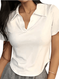 Summer Short Sleeve Lapel Top – Women’s Retro V-Neck Crop Tee | Slim & Versatile
