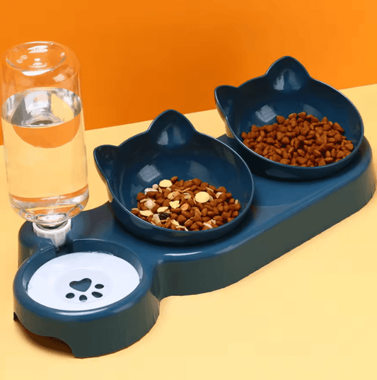 Triple Cat Bowls Pet Feeder – 2-in-1 Double Bowls with Automatic Drinking Bottle for Cats & Dogs