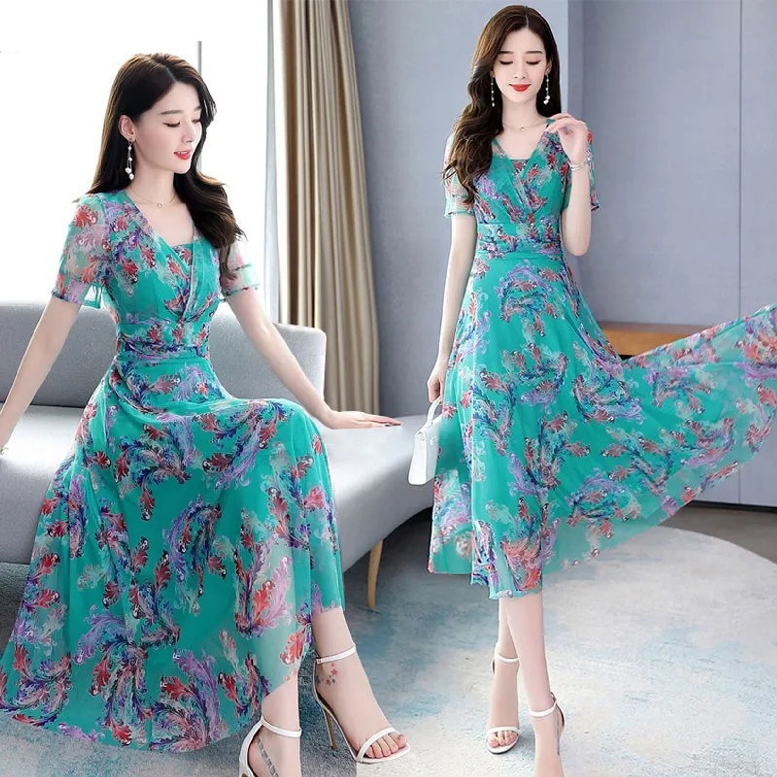 Large Ice Silk Fairy Dress with Floral Print