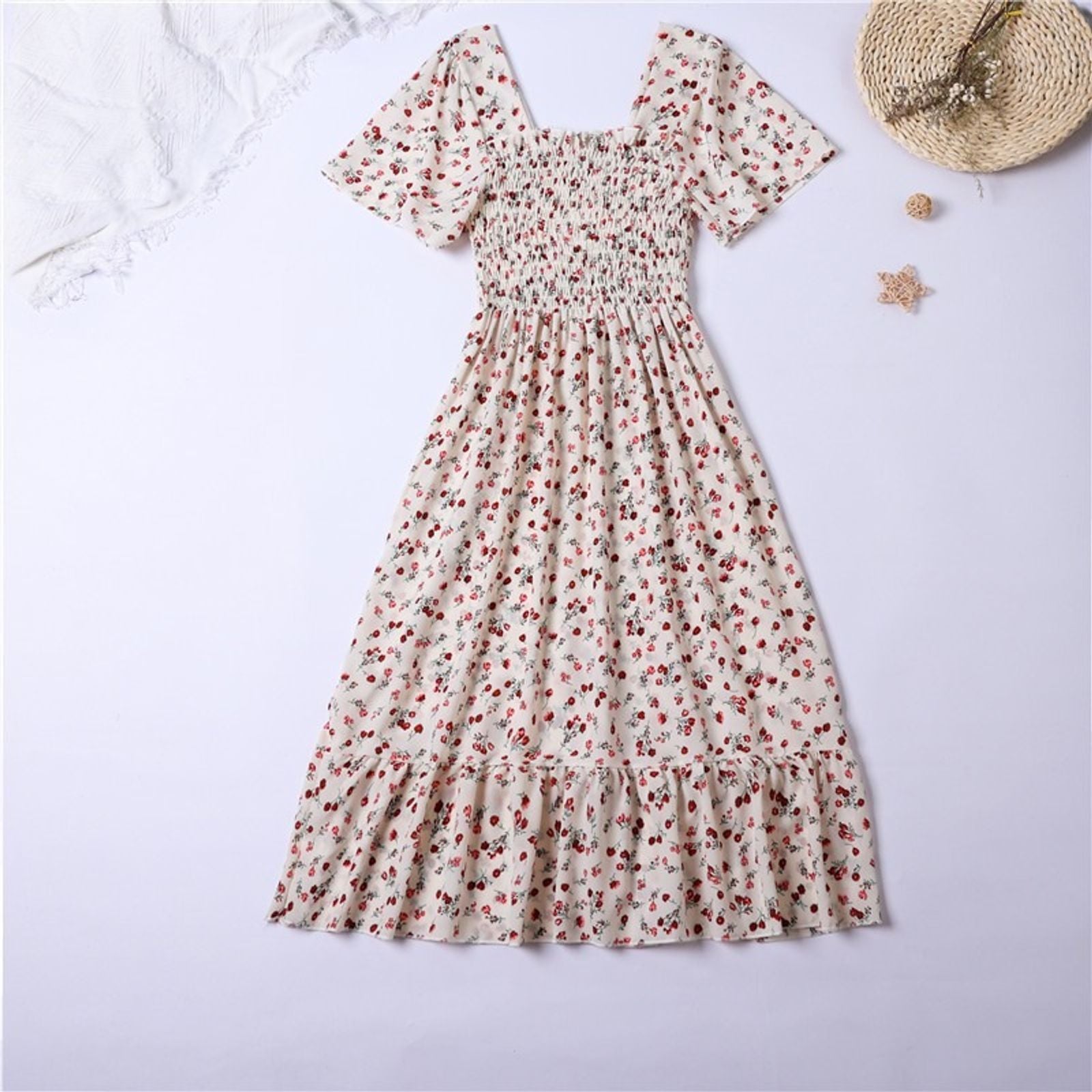 Spring Summer Floral Chiffon Midi Dress for Women