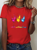 Wine Glass Print Crew Neck T-shirt for Women