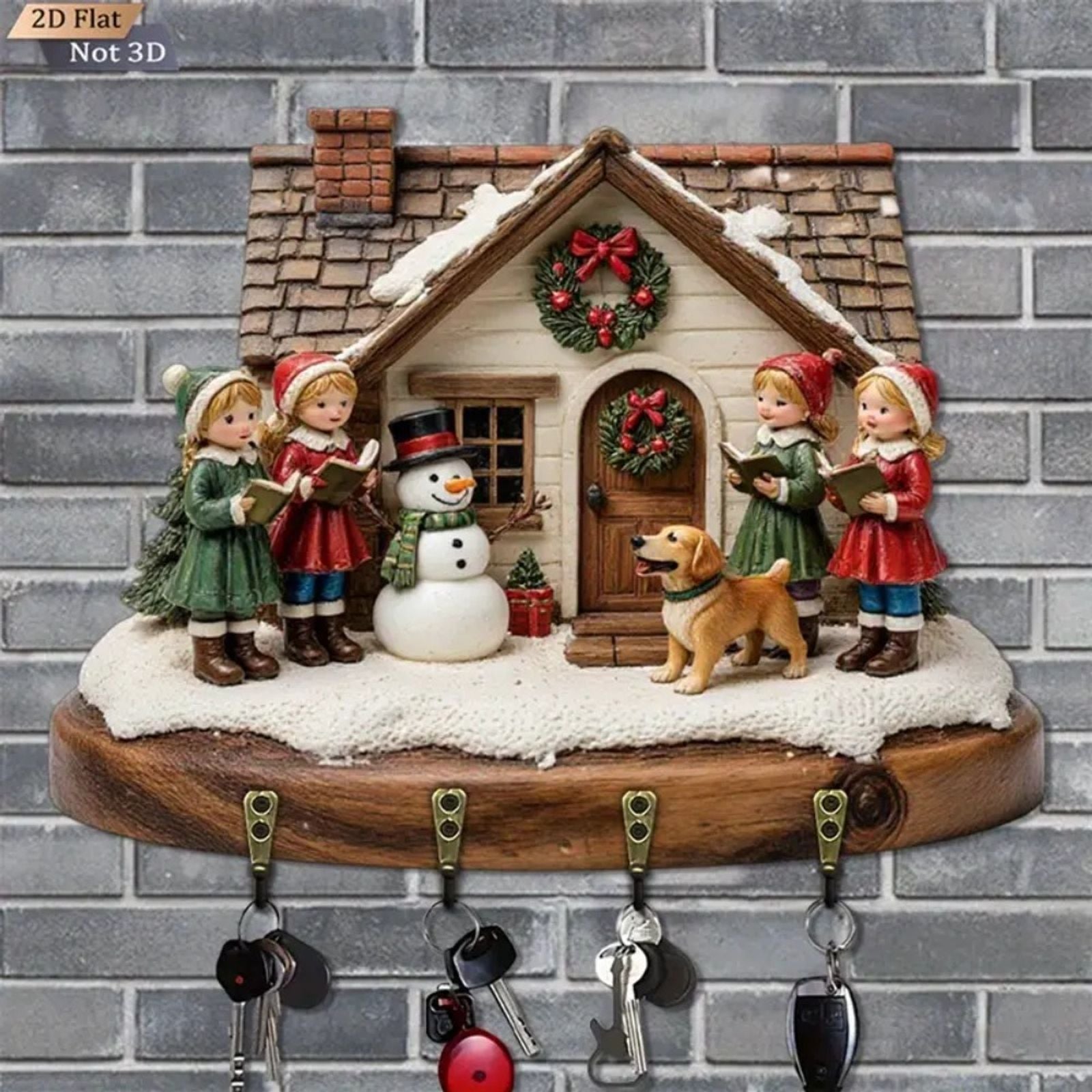 2D Christmas Carol Scene Wooden Keyframe with Hooks