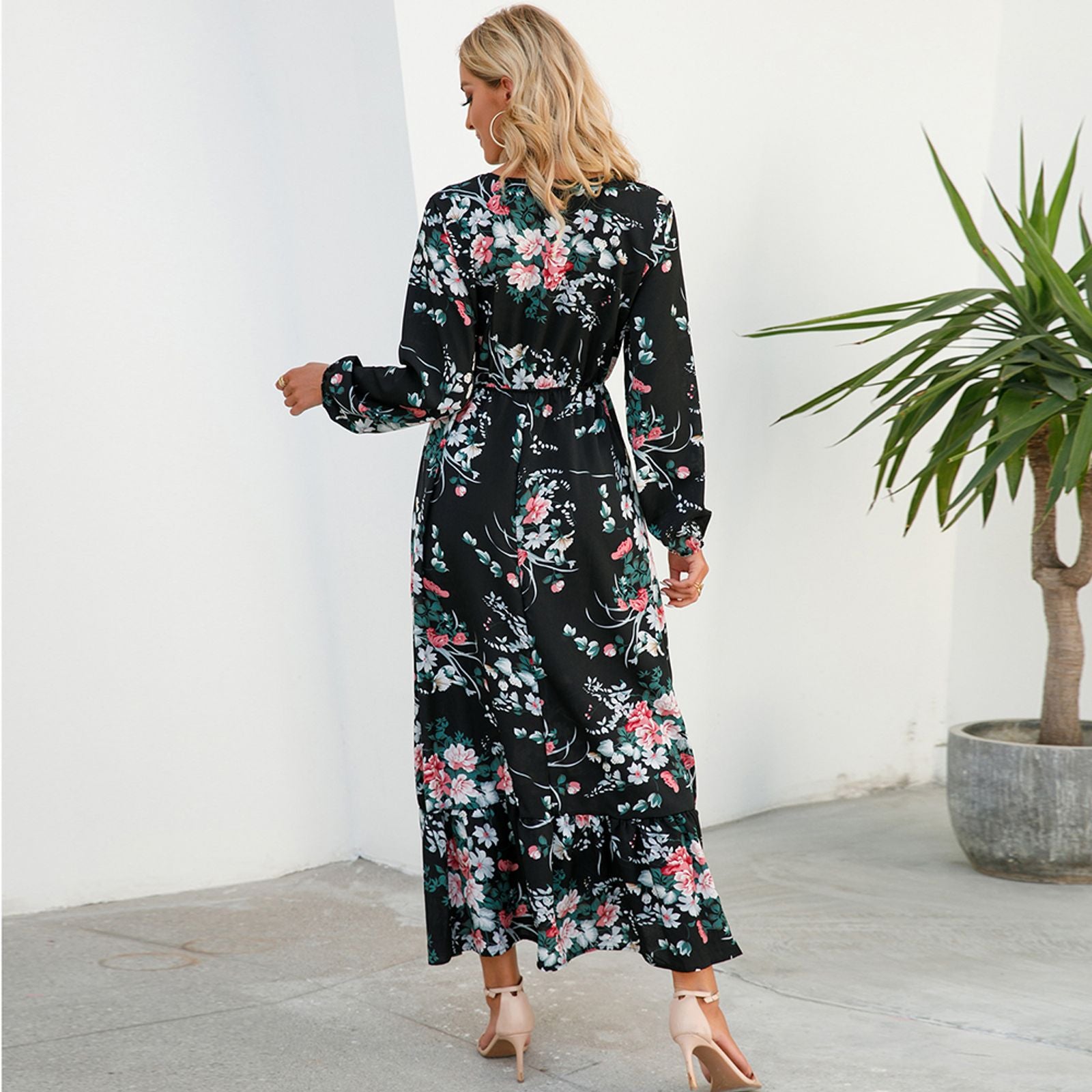Women’s Bohemian Floral Maxi Dress with Full Sleeves