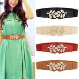 Women's Gold Leaf Elastic Wide Belt with Double Hook Closure