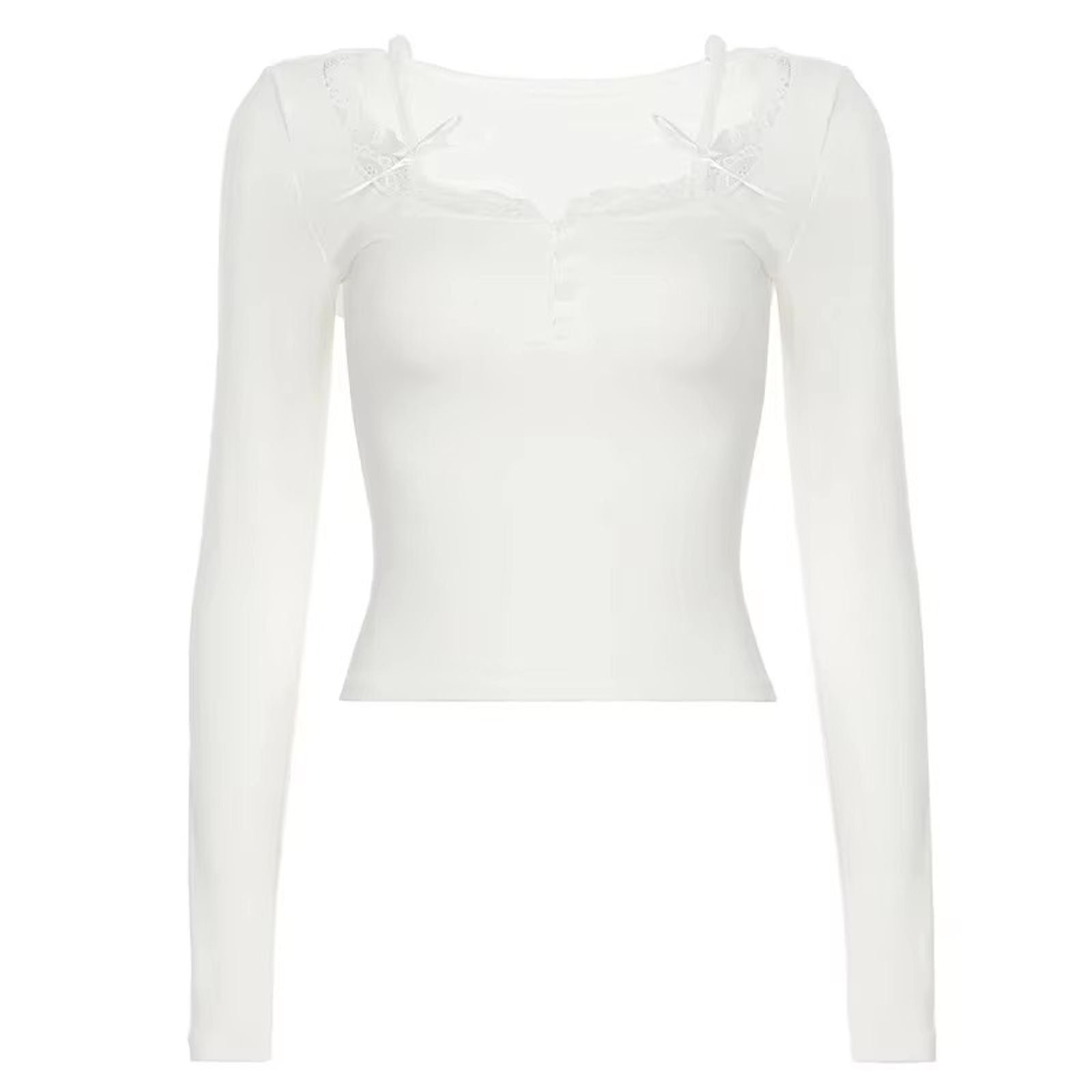 Versatile Korean V-Neck Lace Top with Long Sleeves