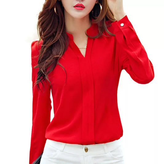 Women's Long Sleeve Chiffon Blouse - Elegant V Neck Shirt