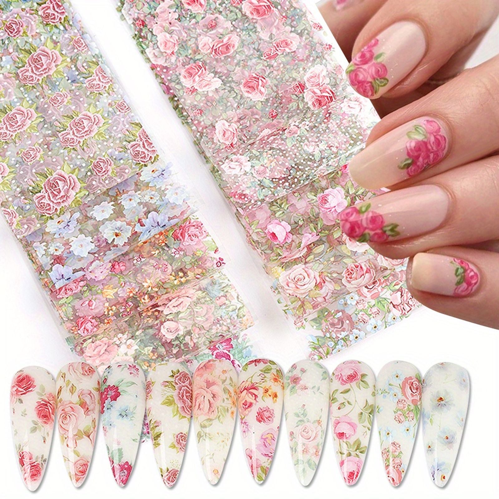 10PCS Rose Flower Nail Art Foils Transfer Sticker Set