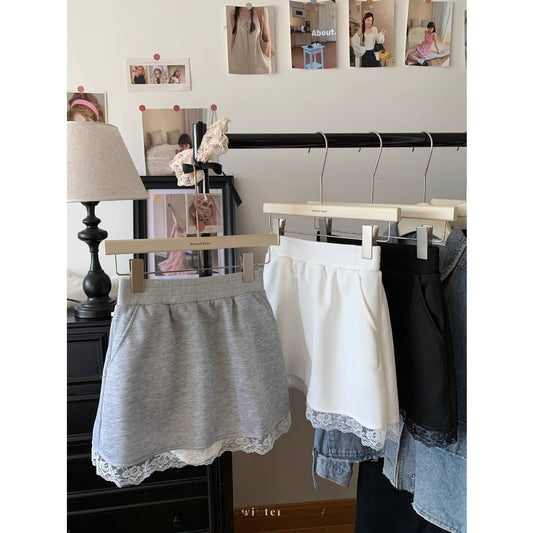 Grey Lace Trim High Waist Casual Shorts for Women