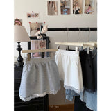 Grey Lace Trim High Waist Casual Shorts for Women