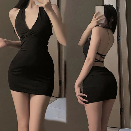 Women’s Sexy Halter Backless V-neck Wrap Mini Dress