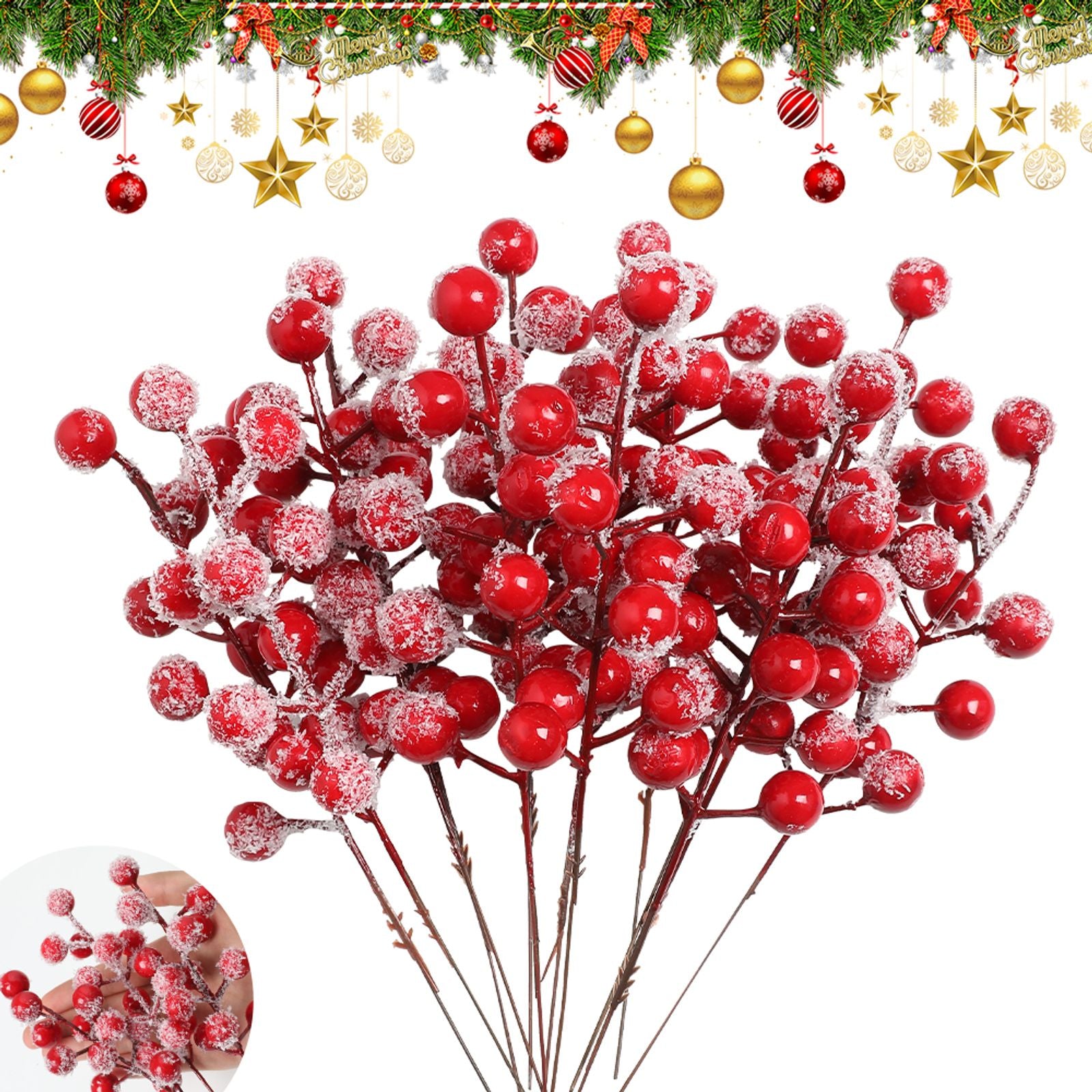 20PCS Snow Frosted Red Berry Stems for Holiday Decor