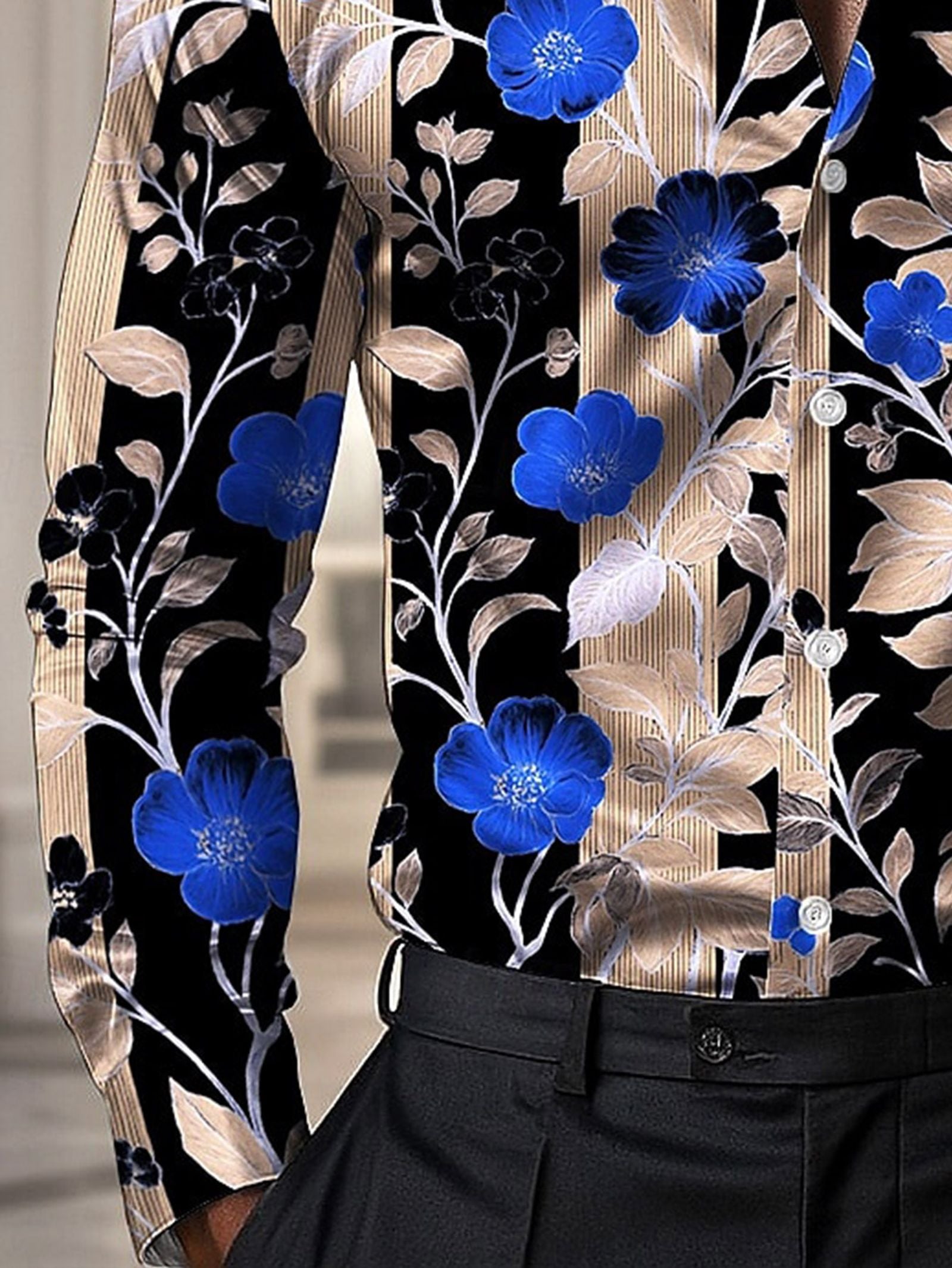 Men's Floral Print Long Sleeve Shirt - Trendy Blue Flower Dress Shirt