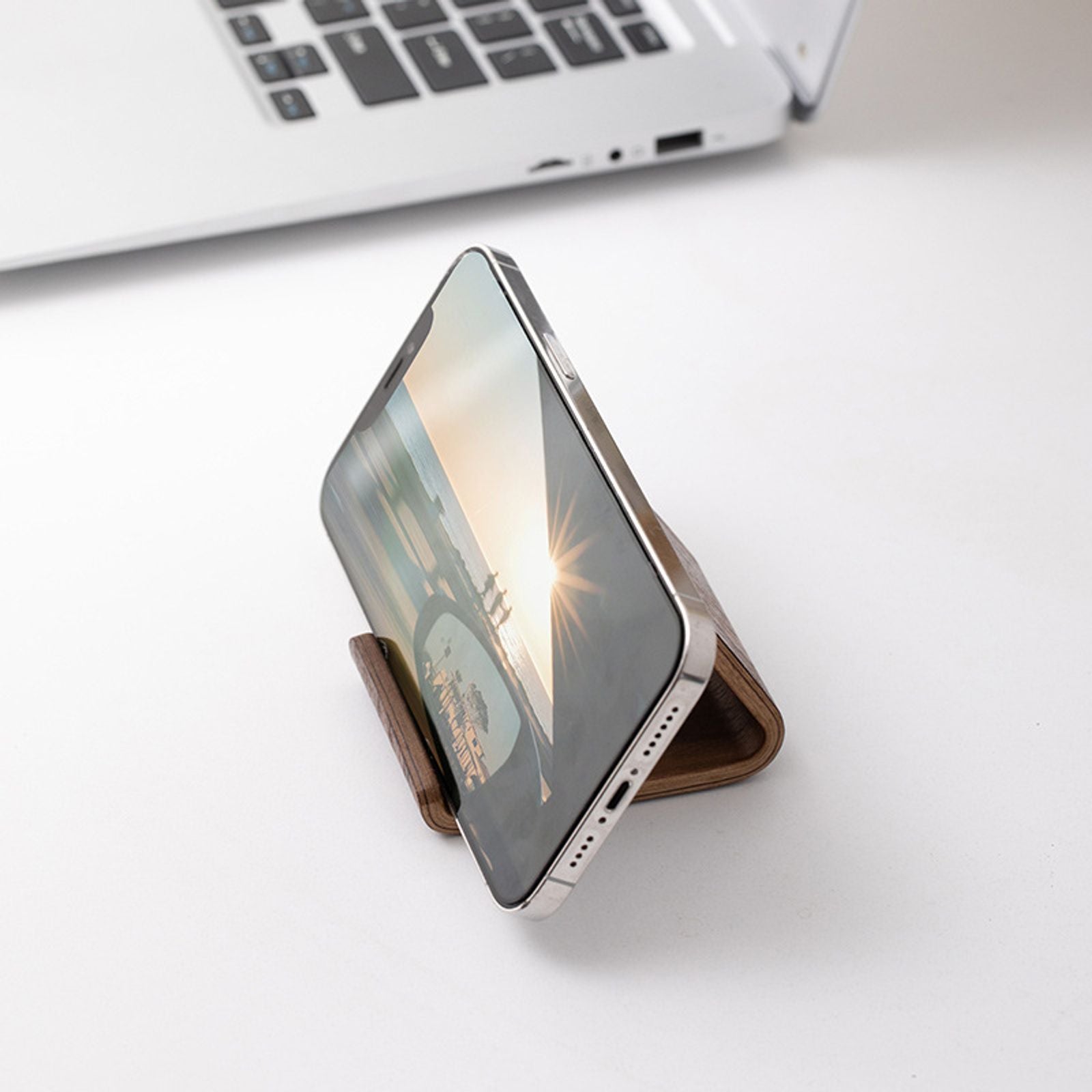 Compact Black Walnut Phone Stand - Flexible Clip Holder