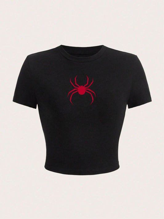 Simple Red Spider Print Crop T-Shirt for Women