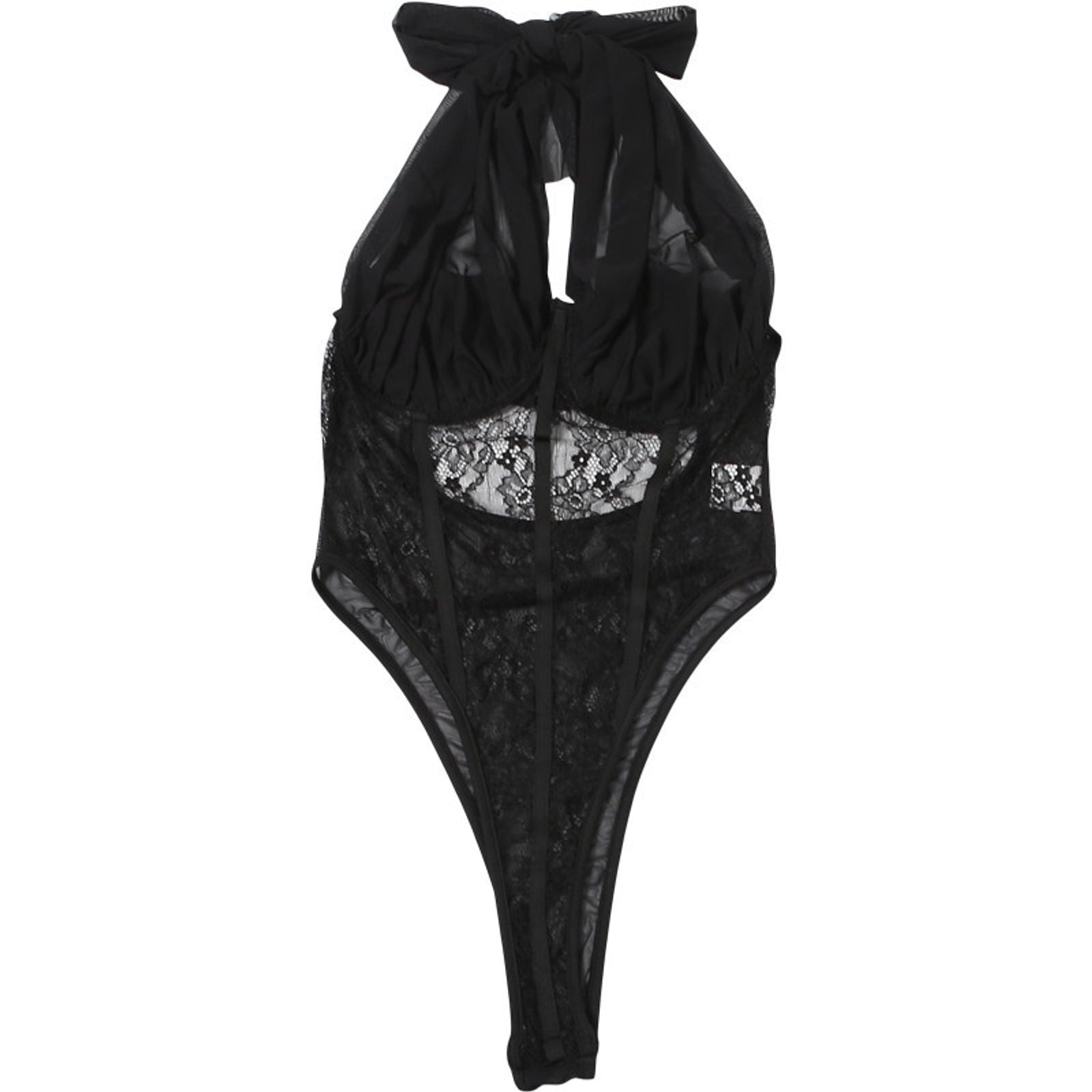 Mesh Patchwork Bodysuit - Halter Low-Neck Backless