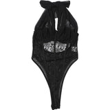 Mesh Patchwork Bodysuit - Halter Low-Neck Backless