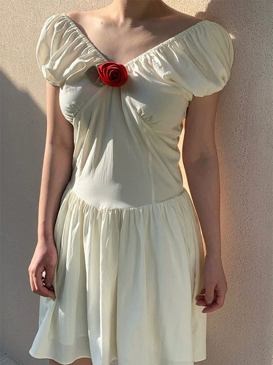 Women's Summer Casual Slim Dress with Puff Sleeves