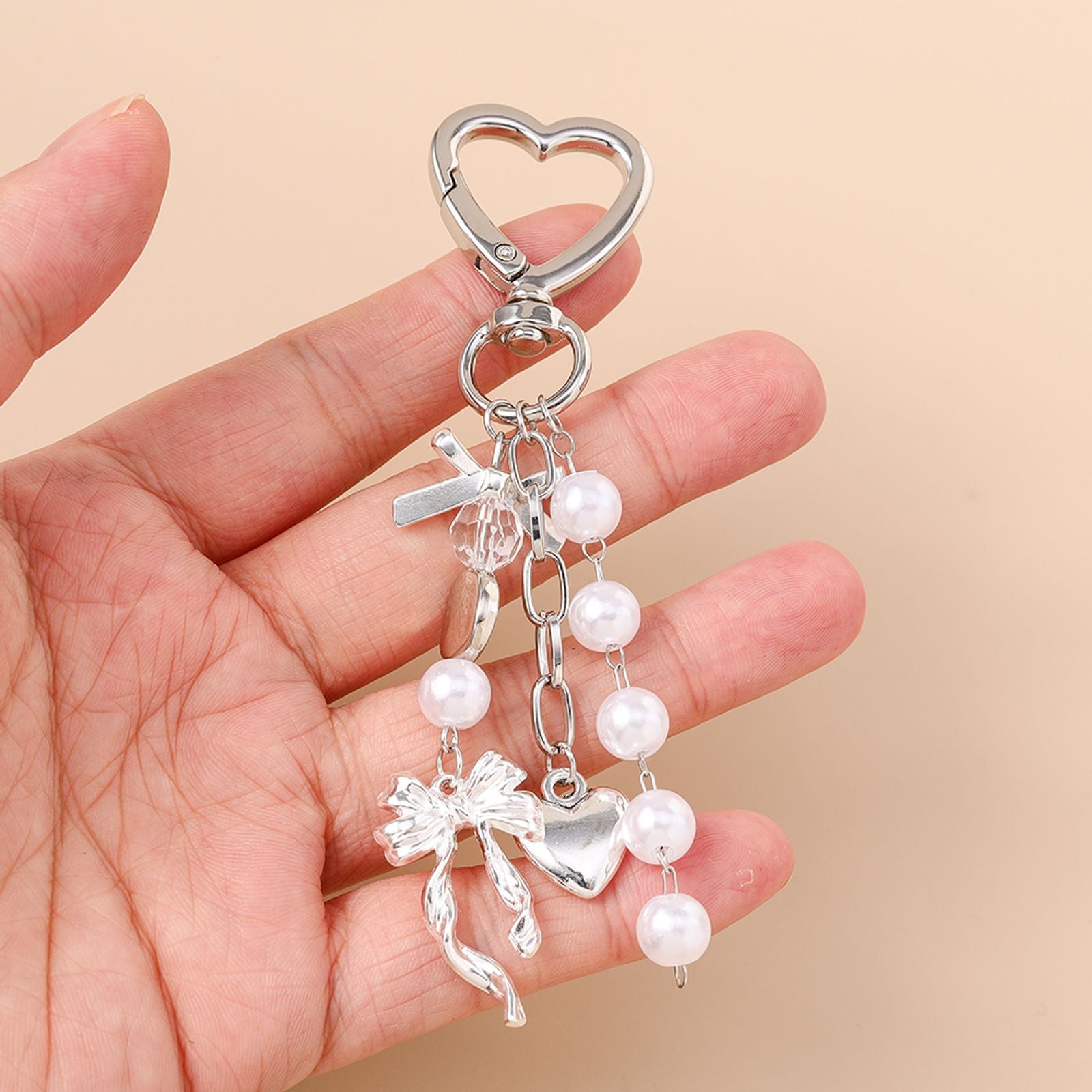 Cute Bowknot Love Heart Keychain with Crystal and Pearl