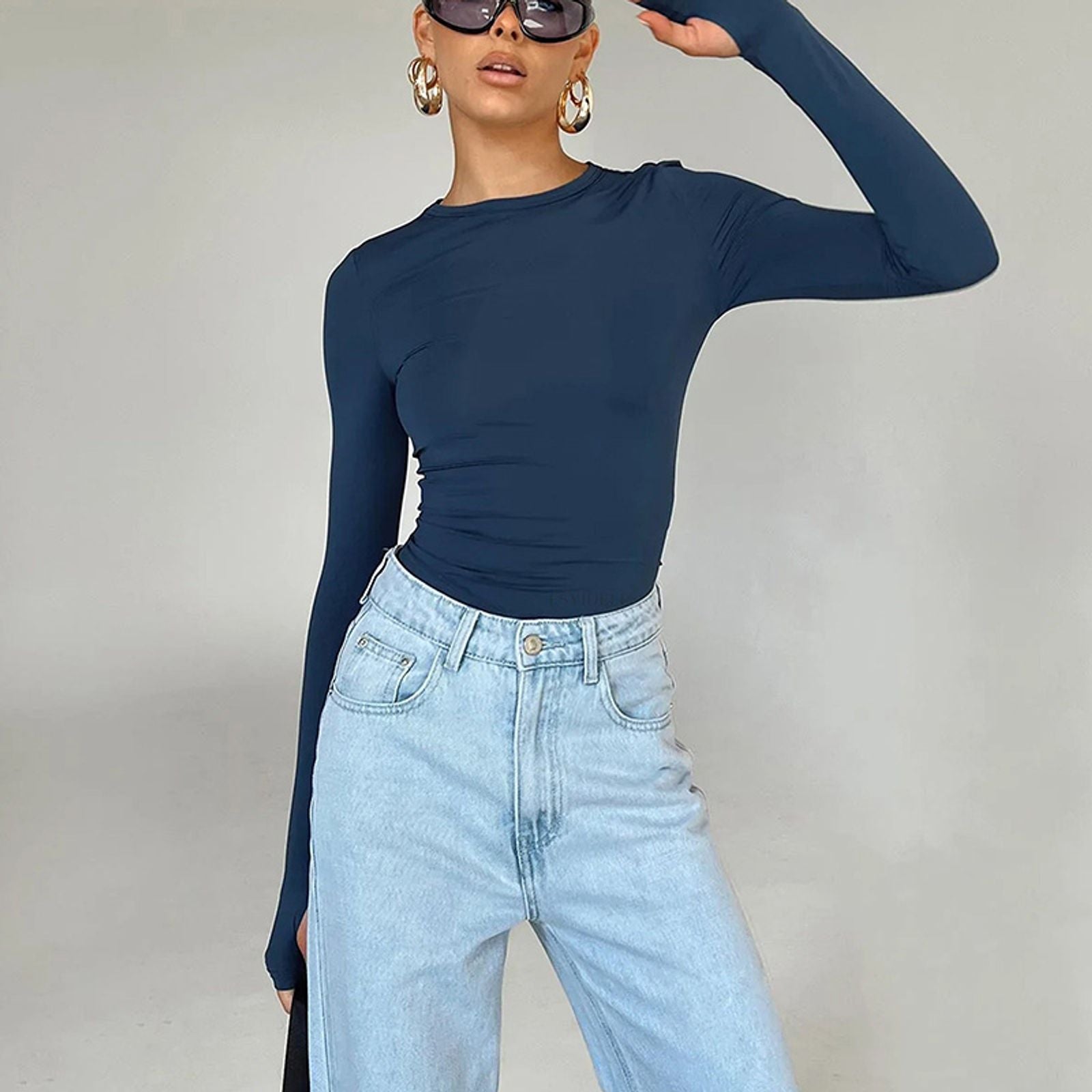 Womens Long Sleeve Crew Neck Crop Top with Thumb Holes
